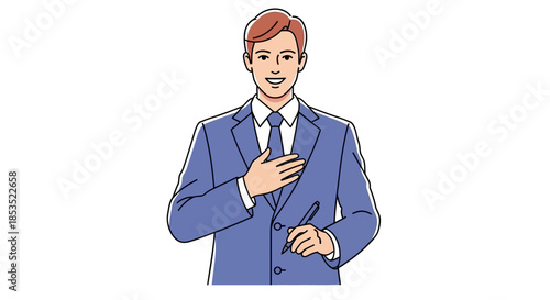 A confident businessman in a blue suit with a tie places his hand on his chest.