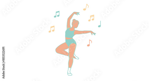 Ballet dancer in graceful pose with musical notes.