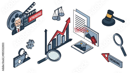 Conceptual isometric design showcasing the intersection of legal trends, data analytics, and media content, symbolizing modern business insights and growth strategies