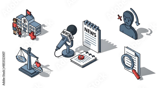 Isometric pixel art illustrating key societal concerns healthcare, justice, media, individual distress, and detailed investigation, ideal for conceptual design