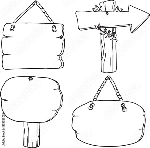 Hand drawn wooden sign board collection. Vector sketch set of blank wood pointers, arrow signs, and placards. Rustic timber billboards for garden, camping, and navigation. Isolated on white.