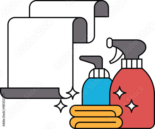 A white and black drawing of a spray bottle and a roll of paper towels