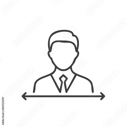 Professional male figure with a tie facing forward, accompanied by a left-right arrow indicating measurement or size concept