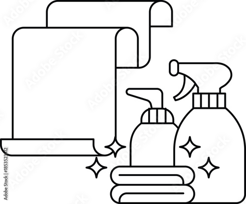 A white and black drawing of a spray bottle and a roll of paper towels