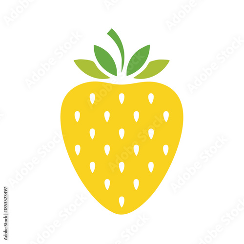 Stylized yellow strawberry icon with green leaves, minimal fruit illustration of berry crop for food and juice