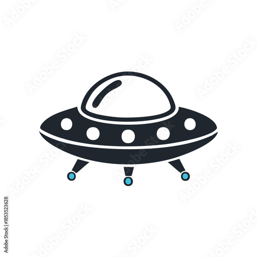 Iconic black and white flying saucer craft illustration for space technology and unidentified flying object theme design projects