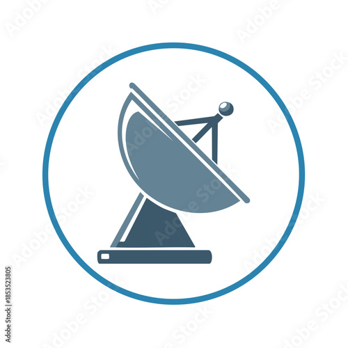 Satellite dish illustration showcasing global communication and technology in a circular frame graphic element for designers
