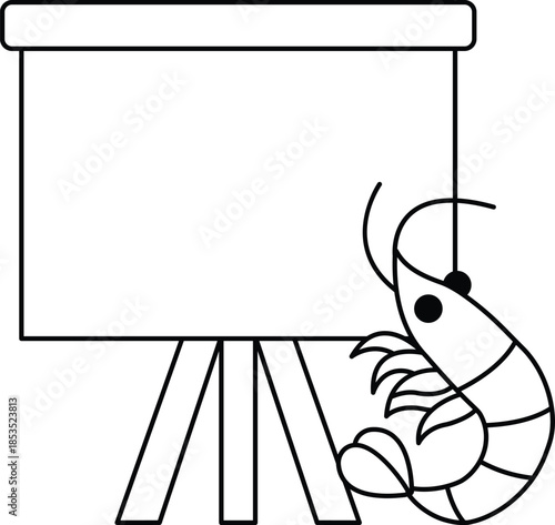 A shrimp is sitting on a stand in front of a blank white board