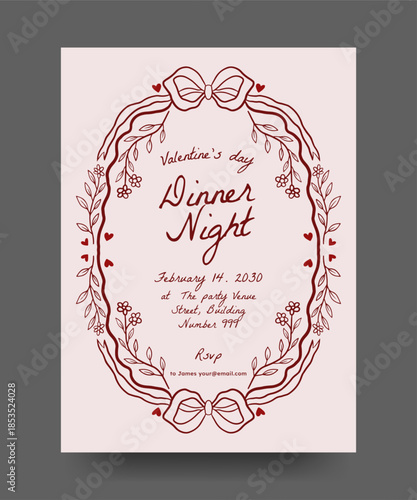 Hand drawn line art Valentine party poster with floral branches, ribbon bows, heart element. trendy vintage border illustration for invitation, wedding, valentine, birthday party.