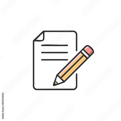 Document with lines and pencil icon for writing, drafting, or note taking on white