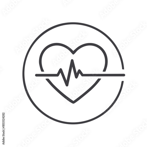 Heartbeat Line, Heart Icon, Medical Symbol, Healthcare Pulse Trace in a Circle, Thin Line Art