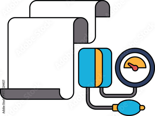 A black and white drawing of a blood pressure cuff and a piece of paper