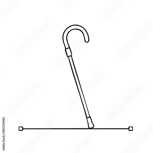 Line drawing of a walking stick with a curved handle standing next to a linear mark