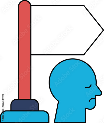 A man is looking at a sign that says "right" and is holding a flag