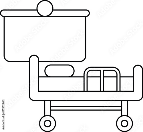 A hospital bed with a wheeled cart next to it