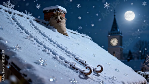 Winter magical night aurora reindeer sleigh moon