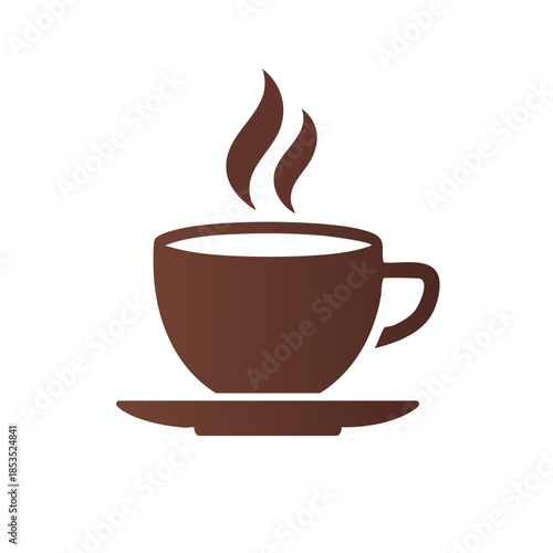Steaming brown coffee cup icon on saucer for cafe menu or logo design; aromatic hot beverage