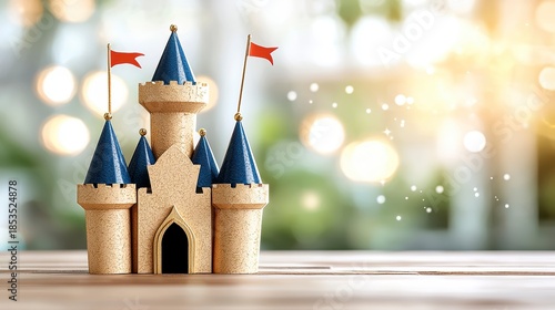 Magical castle model indoor setting photography playful environment close-up view creative imagination