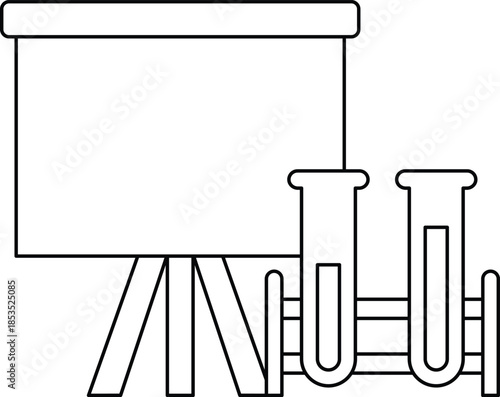A black and white drawing of a lab bench with a projector screen