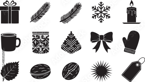 Black and white christmas and symbols gift tree snowflake