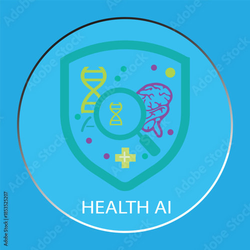 AI in Healthcare Concept Icon - Shield with DNA, Brain, and Magnifying Glass for Medical Research and Digital Health Security
