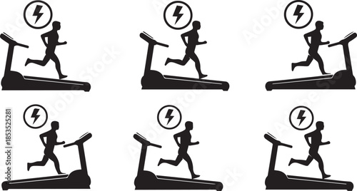 Black silhouettes of people running on treadmills lightning