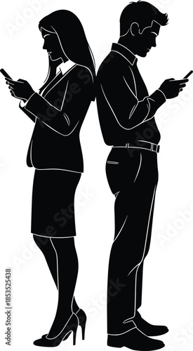 Digital distraction silhouette, people using smartphones, modern behavior, mobile addiction, social disconnect, technology impact, back to back flat vector