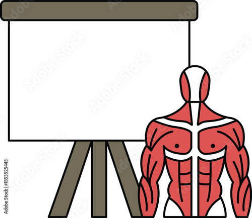 A man with a muscular body is standing in front of a white board