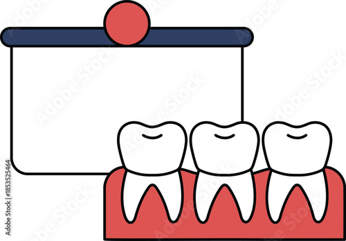 A black and white drawing of three teeth with a sign behind them that says "Dent