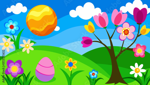 easter background with eggs and flowers