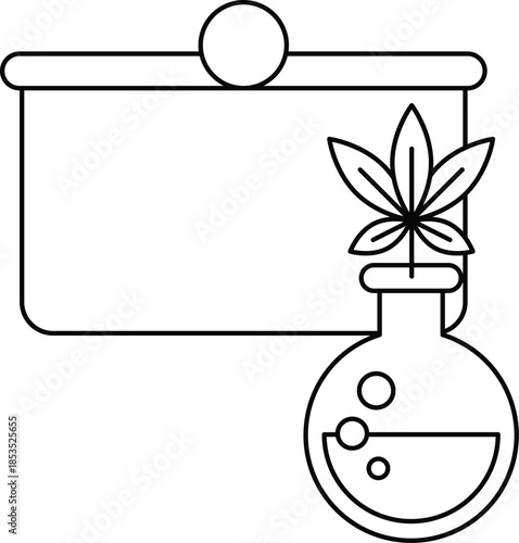 A white background with a black sign and a vase with a plant in it