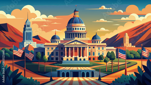 Capitol building illustration with us flags Vector