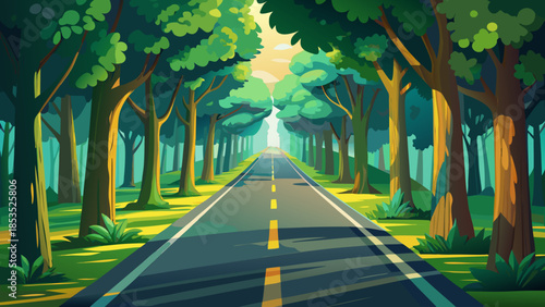 Road in green forest illustration Vector