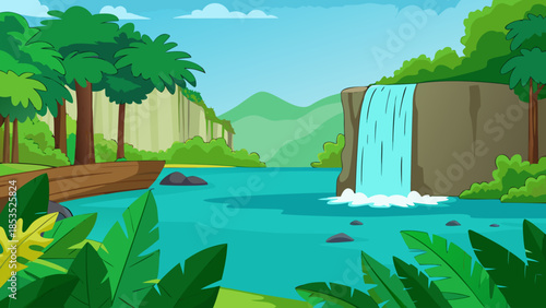 Waterfall scene in the jungle Vector