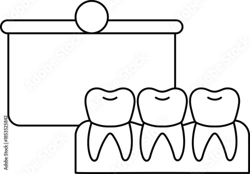 A black and white drawing of three teeth with a sign behind them that says "Dent