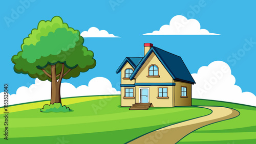 House on a green hill illustration Vector