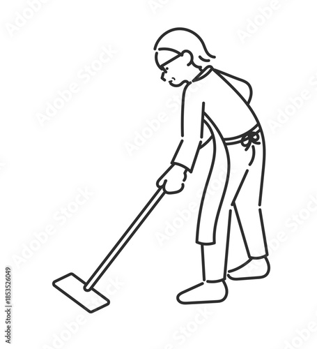 床掃除をする40代女性のイラスト　線画のみ
