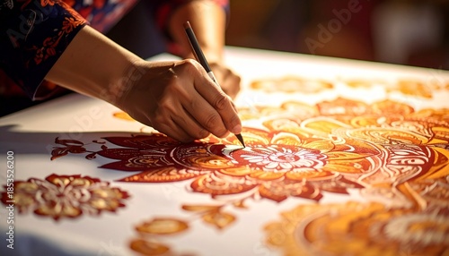 Close up of hand making Javanese batik with canting and hot wax