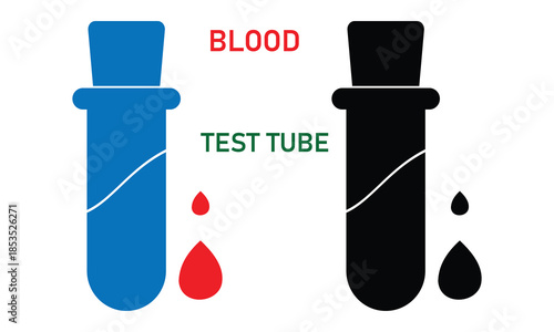 Test tube vector icon, Blood test design. Blood group check symbol. Blood test black filled icon set. Laboratory sign.  Blood test icon, medical report icon.