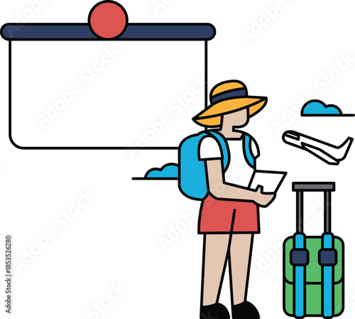 A woman is standing in front of a sign with a suitcase and a backpack
