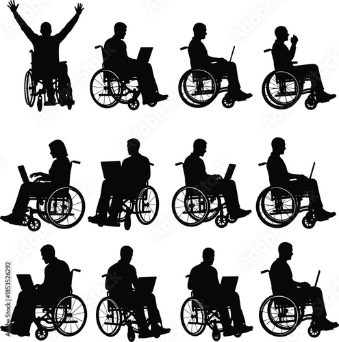 Wheelchair user silhouettes with laptops and gestures, inclusive digital workspace, accessibility concept, black flat vector illustration for stock design