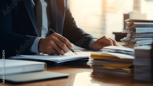 Person writing notes at a cluttered desk.