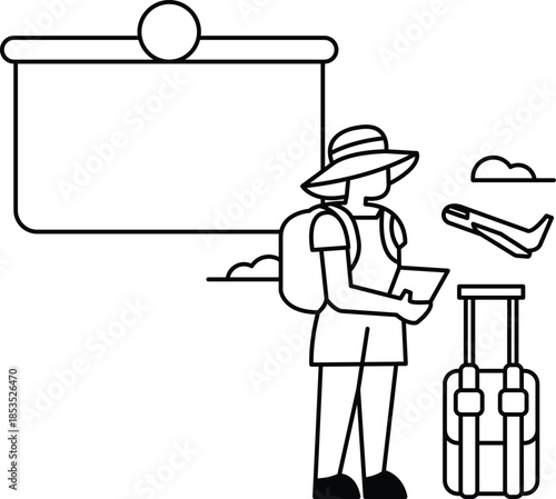A woman is standing in front of a sign with a suitcase and a backpack