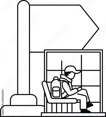 A man sits on a bench in front of a bus stop