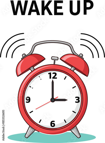 Wake up alarm clock ringing illustration, morning routine reminder, time management concept, loud vintage bell clock, flat vector design icon