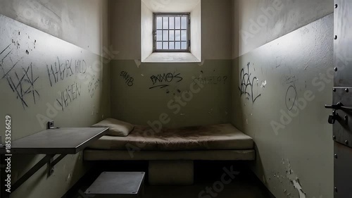 prison cell interior with graffiti, small window, bare bed and stool
