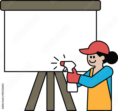 A woman is cleaning a white board with a spray bottle