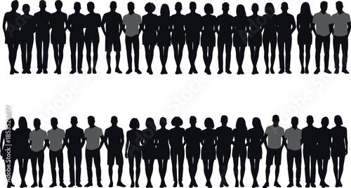 Large Group of People Silhouette Vector Set Representing Crowd, Community, Diversity, Teamwork, Society and Population Concept in Standing Poses