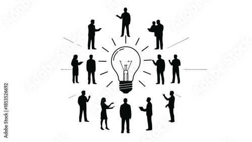 Diverse group of people collaborating around a bright idea lightbulb, symbolizing teamwork and innovation.