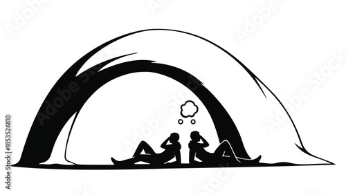 Two people contemplating under a tent, sharing a quiet moment outdoors.